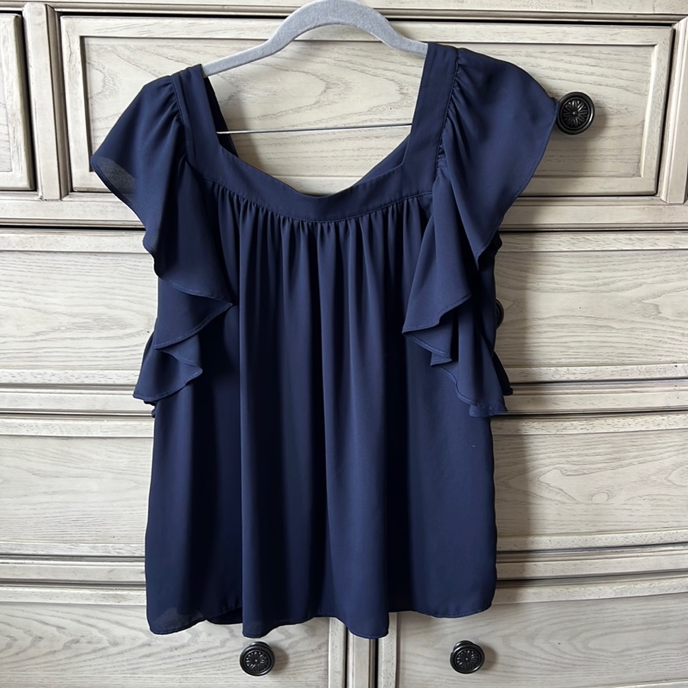 Ann Taylor Navy Blue Flutter Sleeves Top Sz S/M